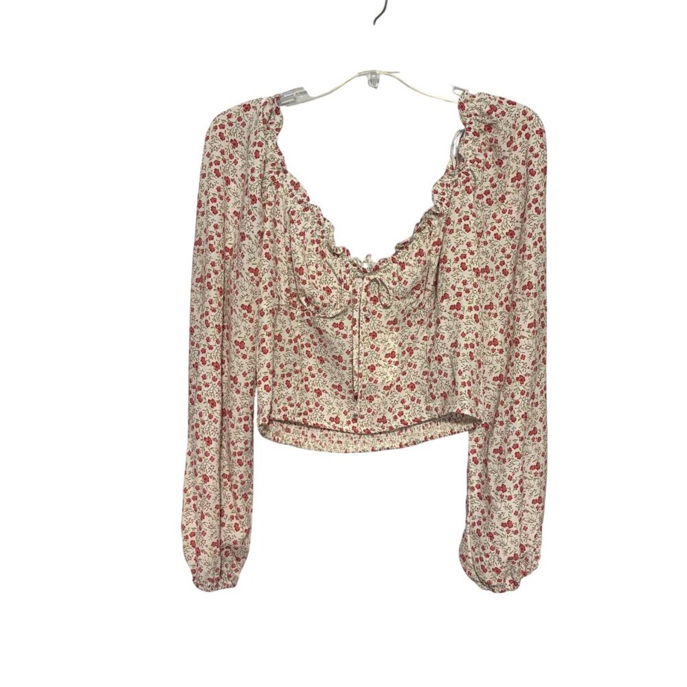 One Clothing Floral Ruffle Smocked Crop Top With Balloon Sleeves & Tie Front XL